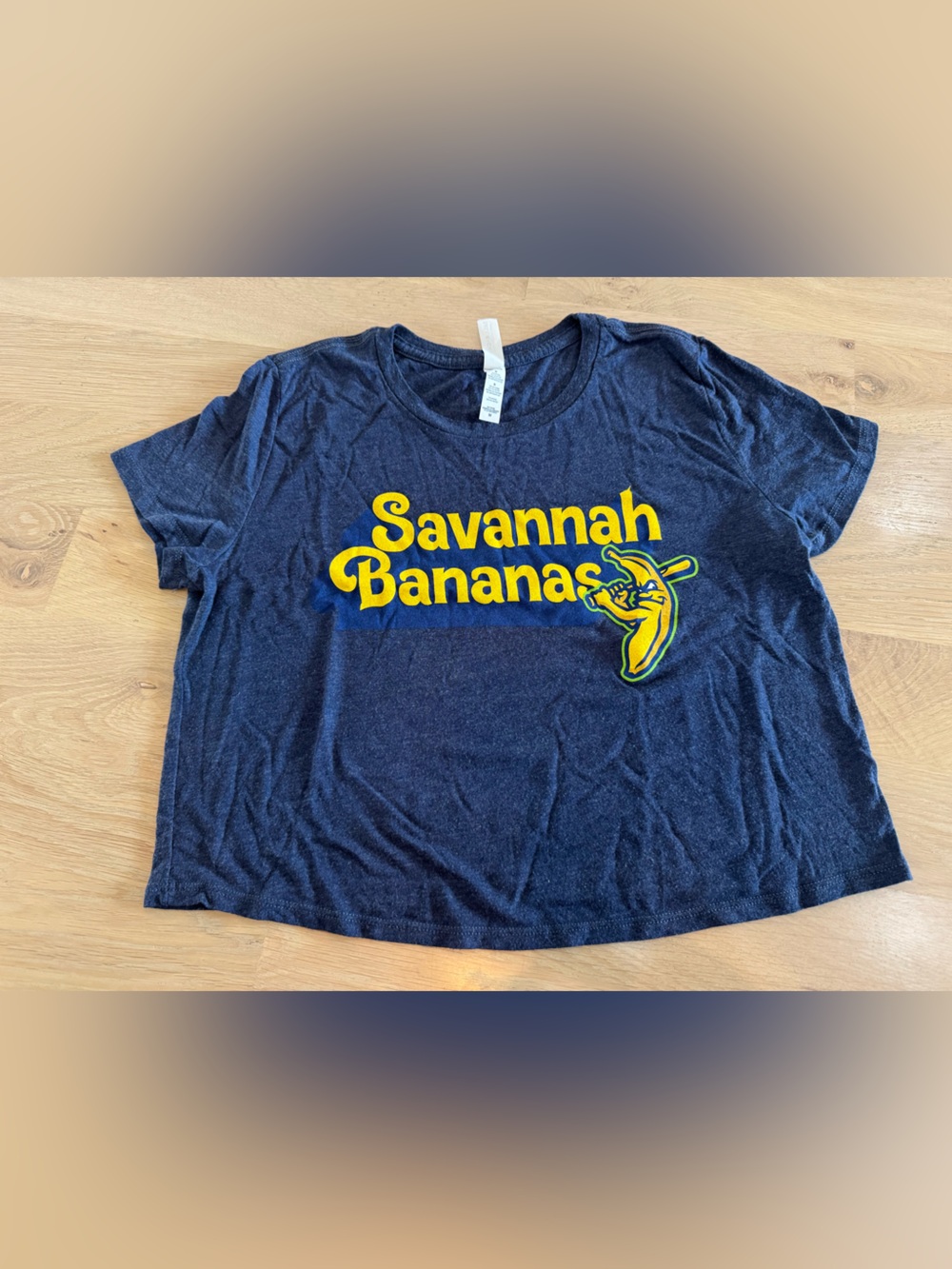 Savannah Bananas Short Sleeve Crop Tee heathered navy blue size medium